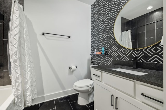 full bathroom with decorative backsplash, vanity, toilet, shower / bathtub combination with curtain, and tile patterned floors