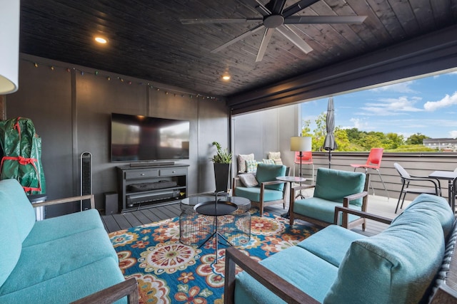 living room with wood-type flooring, ceiling fan, and wood ceiling