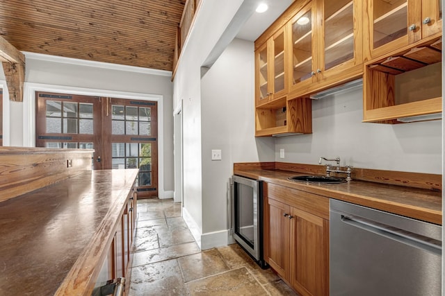 kitchen featuring wine cooler, sink, wooden ceiling, ornamental molding, and dishwasher