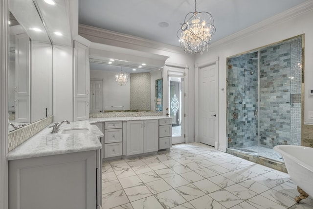 bathroom featuring shower with separate bathtub, ornamental molding, a notable chandelier, and vanity