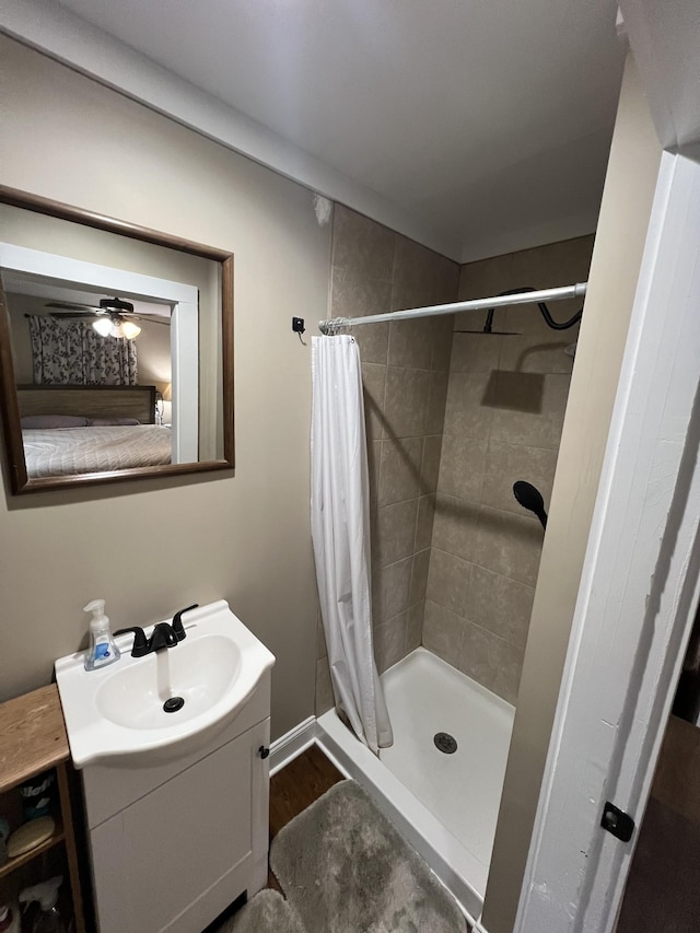 bathroom featuring vanity and a shower with shower curtain