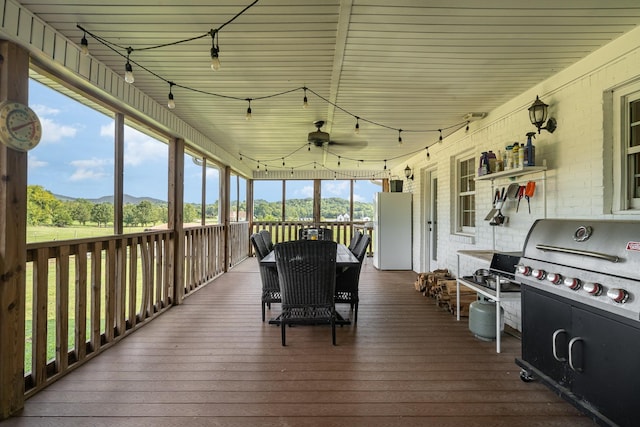 sunroom / solarium featuring a mountain view, plenty of natural light, ceiling fan, and track lighting