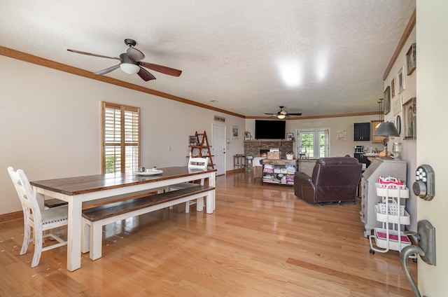 dining area featuring ornamental molding, a stone fireplace, a textured ceiling, and light hardwood / wood-style floors