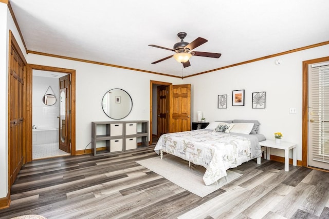 bedroom with crown molding, ceiling fan, ensuite bathroom, and hardwood / wood-style floors