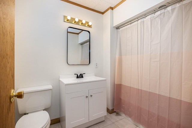 bathroom with vanity, ornamental molding, a shower with curtain, tile patterned floors, and toilet