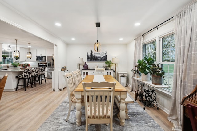 dining space featuring sink, crown molding, and light hardwood / wood-style floors