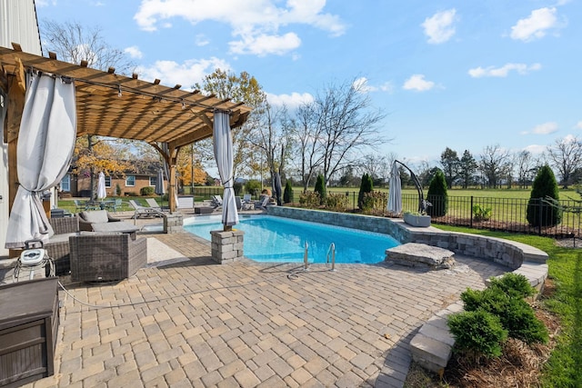 view of swimming pool featuring an outdoor hangout area, a pergola, and a patio area