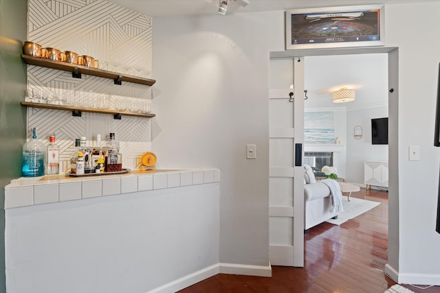 bar with dark hardwood / wood-style flooring