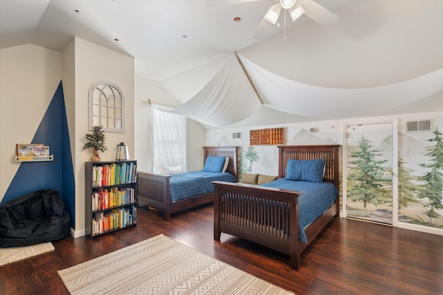 bedroom with dark hardwood / wood-style flooring, vaulted ceiling, access to outside, and ceiling fan