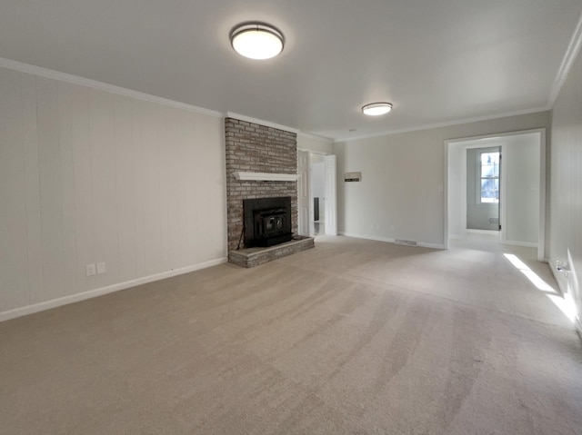 unfurnished living room featuring crown molding and light colored carpet