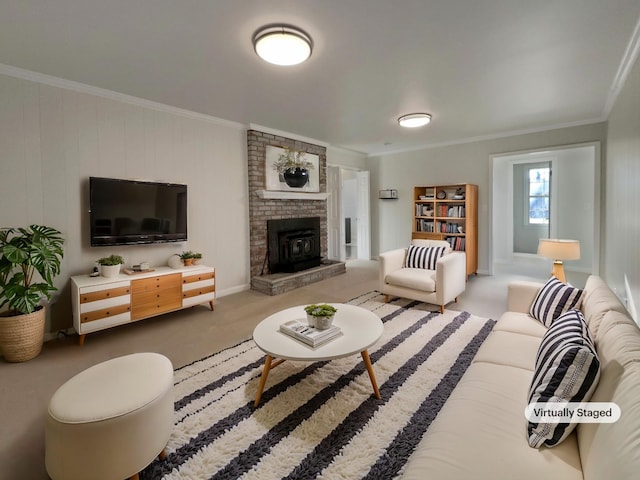 carpeted living room featuring crown molding