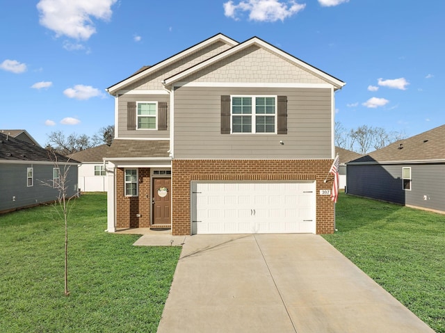 view of front facade with brick siding, an attached garage, concrete driveway, and a front yard
