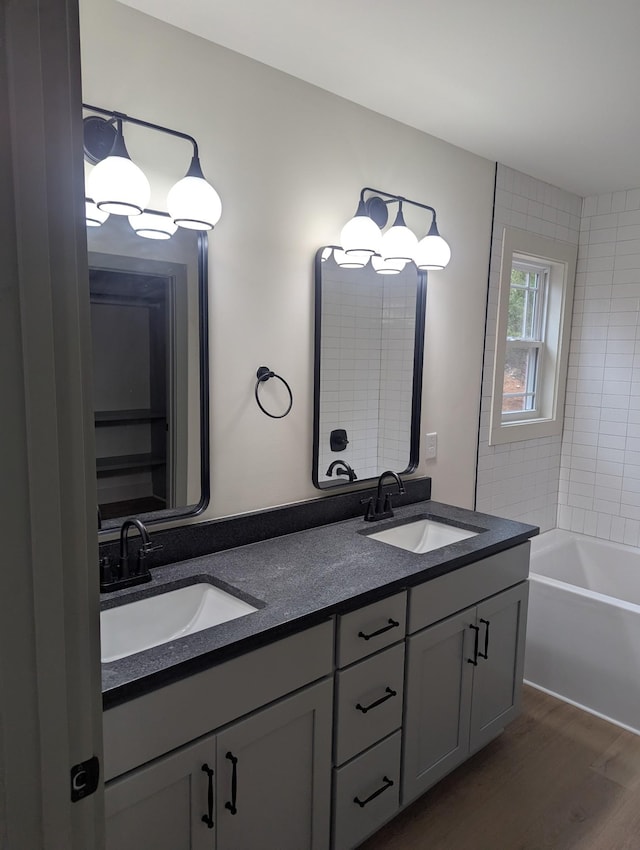 bathroom featuring vanity and wood-type flooring