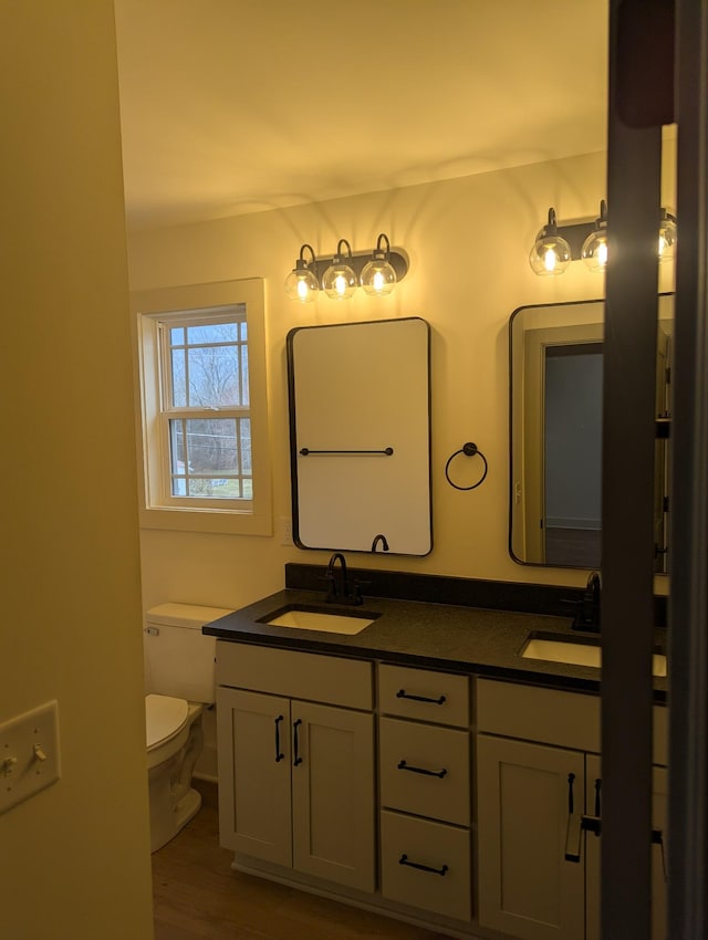 bathroom featuring vanity, hardwood / wood-style floors, and toilet