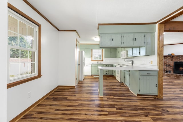 kitchen featuring sink, crown molding, white appliances, dark wood-type flooring, and a fireplace