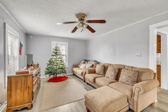 living room featuring crown molding, ceiling fan, and light hardwood / wood-style flooring