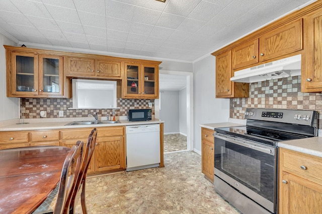 kitchen with white dishwasher, sink, crown molding, and stainless steel electric range oven