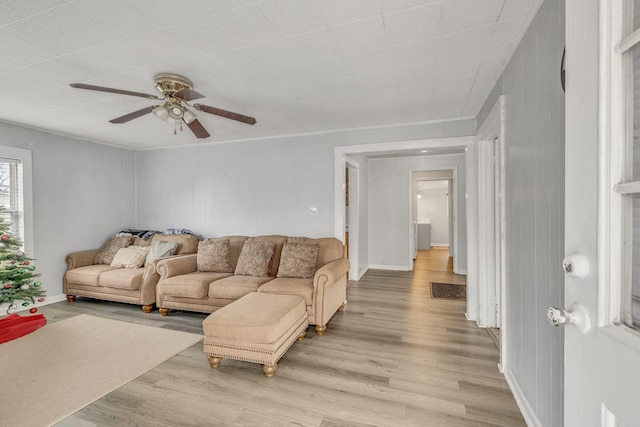 living room with ceiling fan and light hardwood / wood-style flooring