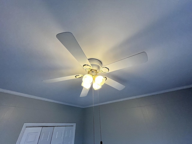 details with ornamental molding and ceiling fan