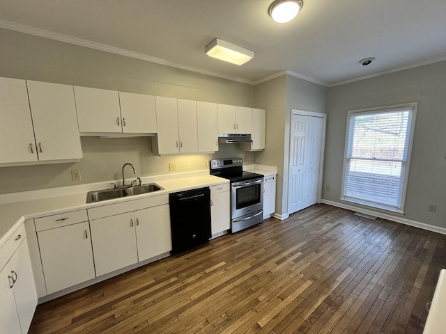 kitchen with sink, stainless steel electric range, dark wood-type flooring, black dishwasher, and white cabinets