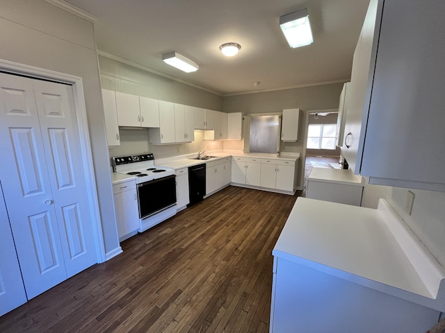 kitchen with white cabinetry, sink, ornamental molding, and white electric stove