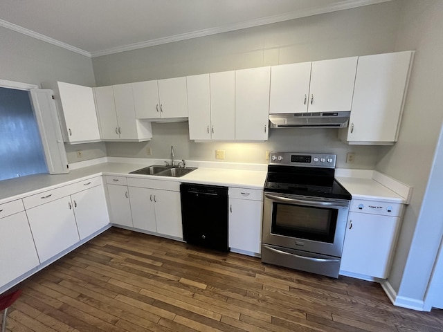 kitchen with sink, stainless steel electric range, dishwasher, dark hardwood / wood-style floors, and white cabinets