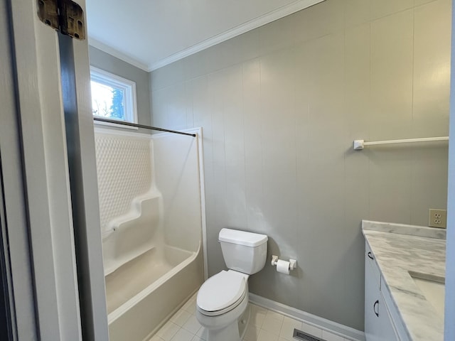 full bathroom featuring crown molding, vanity, bathtub / shower combination, tile patterned floors, and toilet