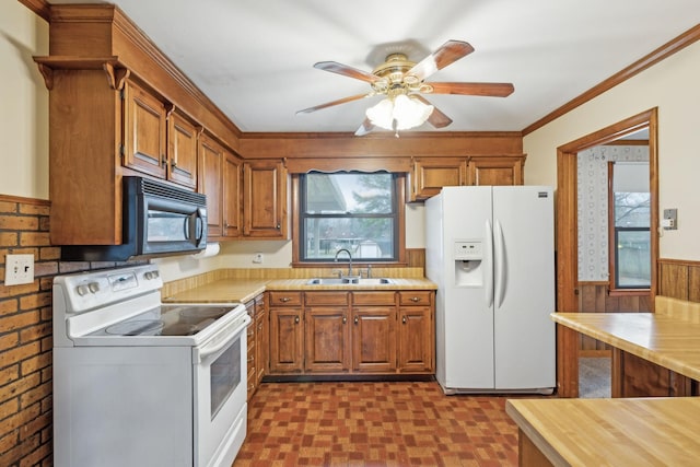 kitchen with sink, crown molding, white appliances, ceiling fan, and wood walls