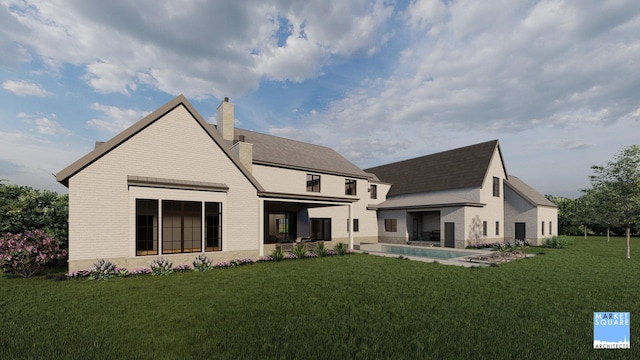 rear view of property with a patio area, a chimney, a lawn, and brick siding