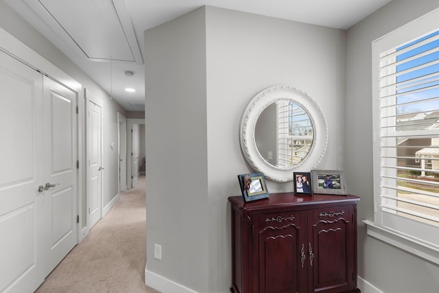 hallway featuring a wealth of natural light and light colored carpet