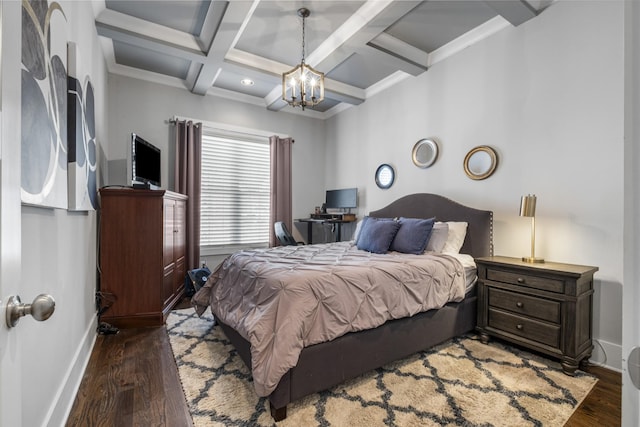 bedroom with beamed ceiling, ornamental molding, coffered ceiling, a notable chandelier, and dark wood-type flooring