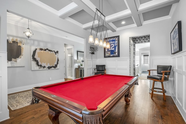 rec room featuring crown molding, dark wood-type flooring, billiards, coffered ceiling, and beamed ceiling