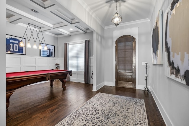 game room with crown molding, beam ceiling, coffered ceiling, dark hardwood / wood-style flooring, and pool table