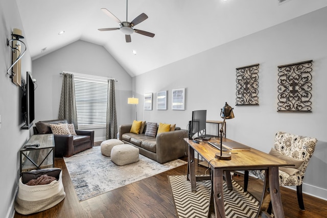 living room with vaulted ceiling, hardwood / wood-style floors, and ceiling fan