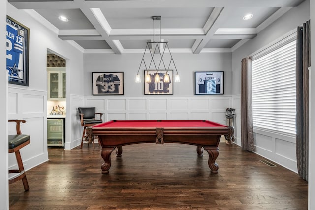 rec room featuring coffered ceiling, beam ceiling, and dark wood-type flooring