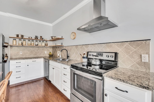 kitchen featuring appliances with stainless steel finishes, sink, white cabinets, and wall chimney exhaust hood