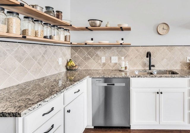 kitchen with sink, light stone counters, stainless steel dishwasher, white cabinets, and backsplash