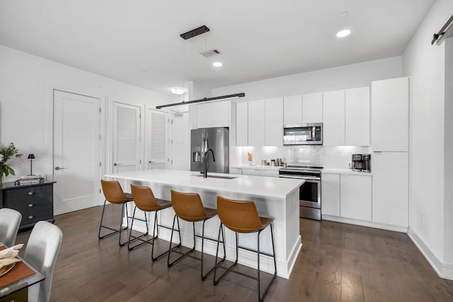 kitchen featuring pendant lighting, an island with sink, white cabinets, stainless steel appliances, and a barn door