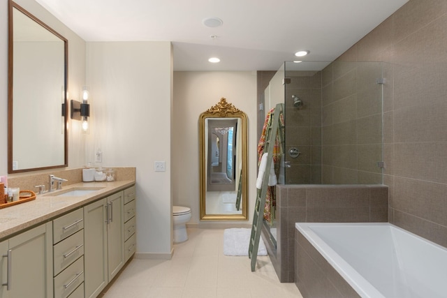 full bathroom with vanity, separate shower and tub, tile patterned floors, and toilet