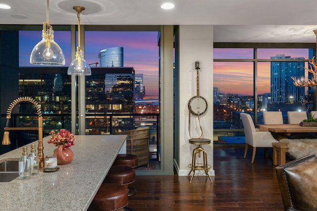 dining area featuring expansive windows and dark hardwood / wood-style flooring