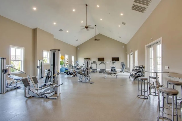 exercise room featuring french doors and high vaulted ceiling