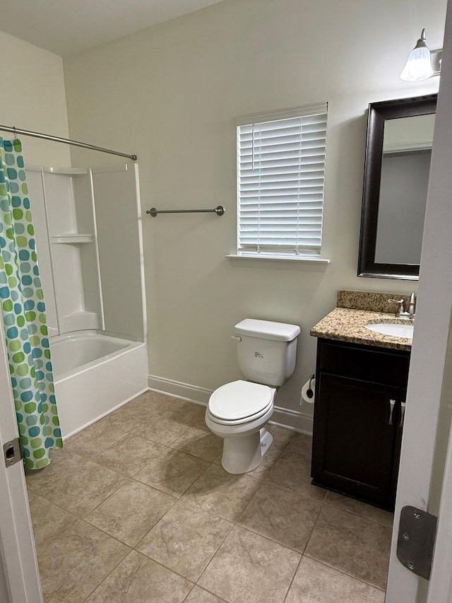 full bathroom with vanity, tile patterned flooring, toilet, and shower / tub combo with curtain