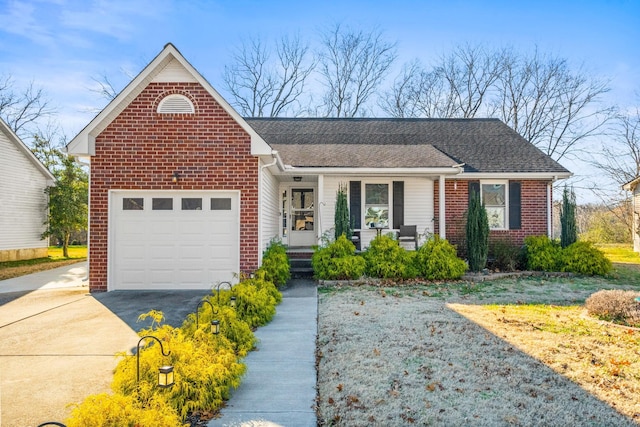 ranch-style house with a garage and covered porch