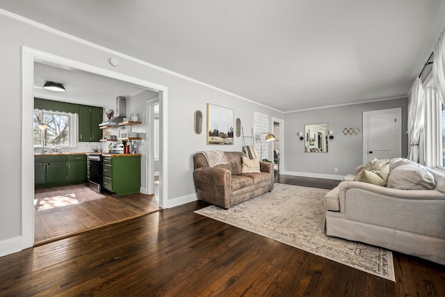 living room featuring crown molding and dark hardwood / wood-style flooring