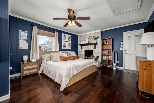 bedroom with ornamental molding, dark hardwood / wood-style flooring, and ceiling fan