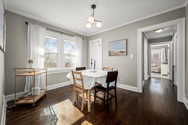 dining space featuring dark hardwood / wood-style flooring and ornamental molding