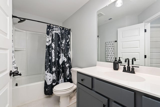 full bathroom featuring tile patterned flooring, vanity, shower / tub combo with curtain, and toilet