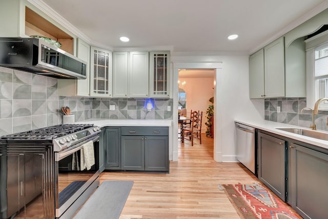 kitchen featuring sink, decorative backsplash, light wood-type flooring, and appliances with stainless steel finishes