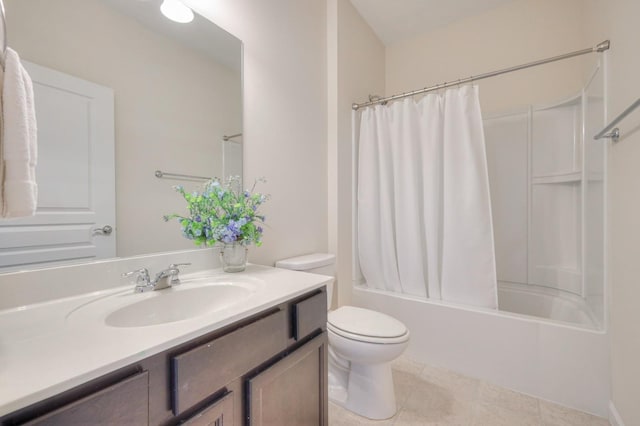 full bathroom with vanity, shower / tub combo, tile patterned floors, and toilet