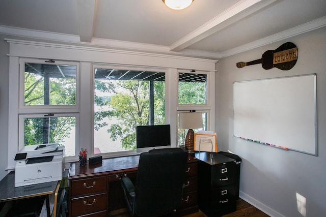 office with crown molding, dark hardwood / wood-style floors, and beam ceiling